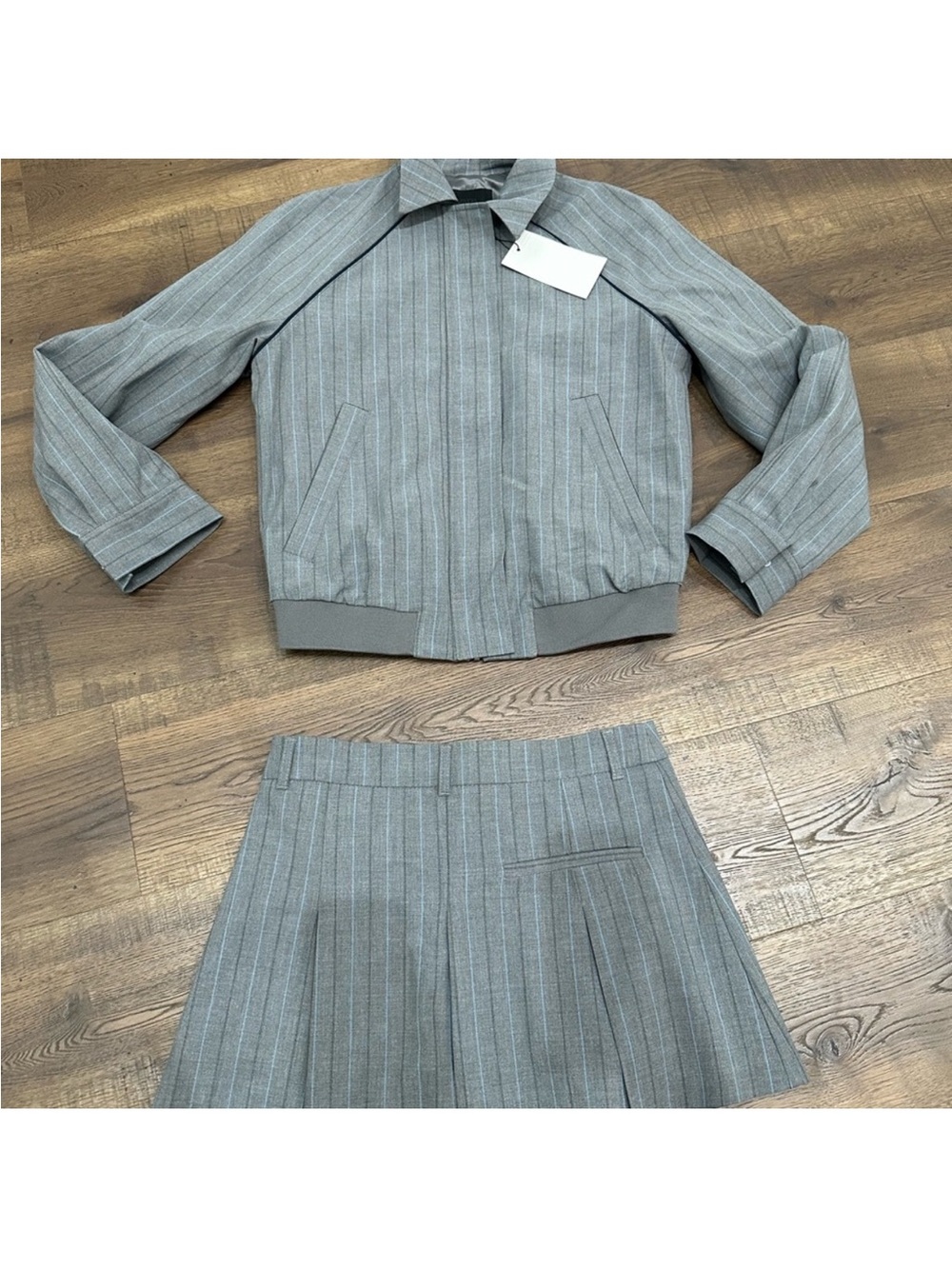 Zara Gray Pinstripe Bomber Jacket and skirt set